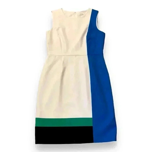 Calvin Klein Colorblock Size 8 Knee Length Black Leather Belted Casual Dress - Picture 1 of 16